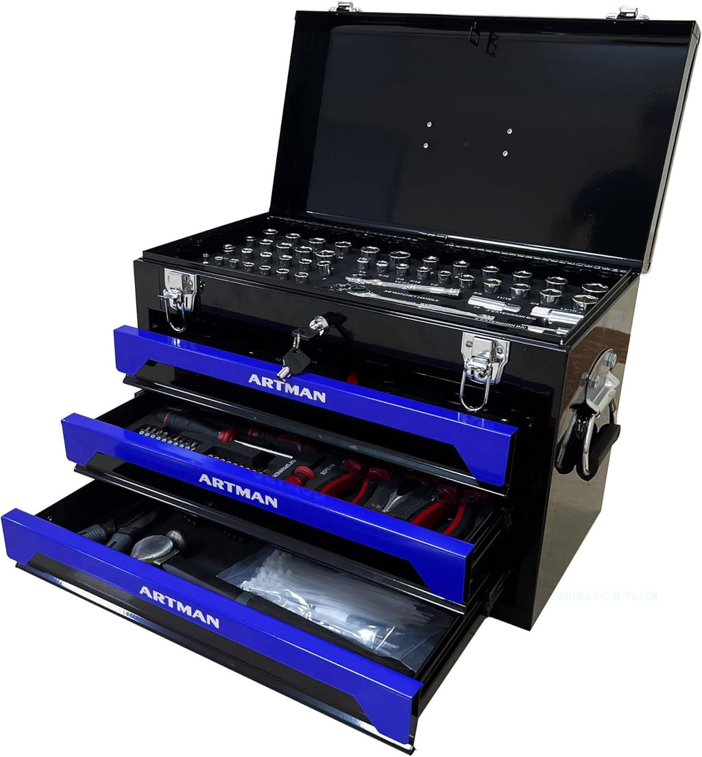 Four layer steel strip, 439 parts and 3 drawer toolboxes, upgraded metal lock safety, practical storage tray to meet the needs of mechanical processing and maintenance