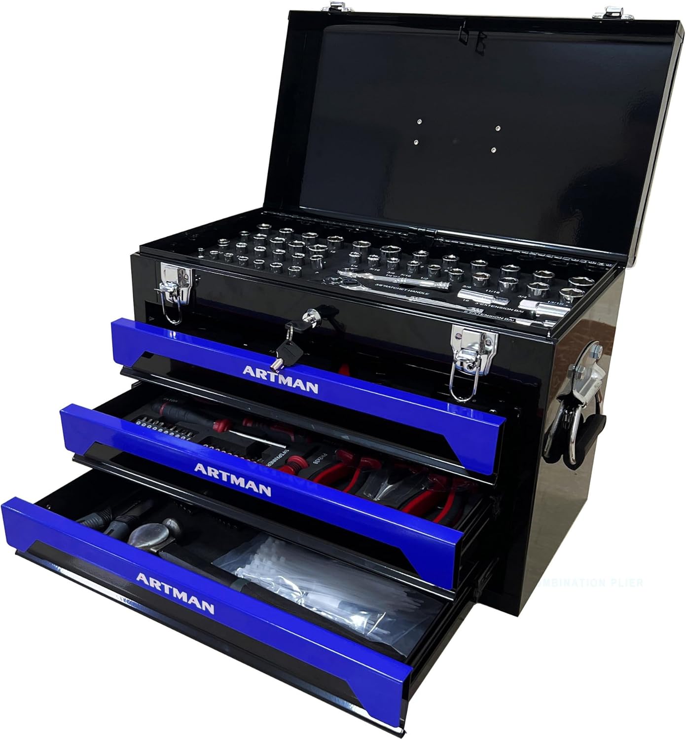 Four layer steel strip, 439 parts and 3 drawer toolboxes, upgraded metal lock safety, practical storage tray to meet the needs of mechanical processing and maintenance