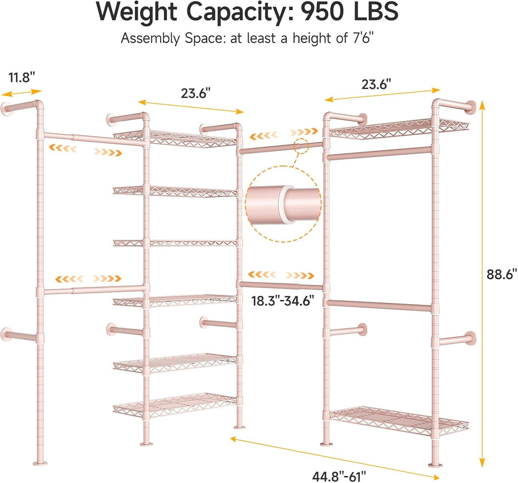 ONBRILL L4 Wall Mounted Industrial Pipe Clothing Rack, Closet Organizer System with 6 Hanging Clothes Rods ( 4 Expandable Rods) & 8 Shelves, Heavy Duty Corner Garment Rack, Large Wardrobe - Pink