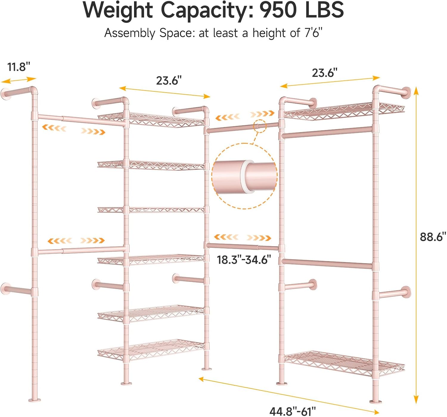 ONBRILL L4 Wall Mounted Industrial Pipe Clothing Rack, Closet Organizer System with 6 Hanging Clothes Rods ( 4 Expandable Rods) & 8 Shelves, Heavy Duty Corner Garment Rack, Large Wardrobe - Pink