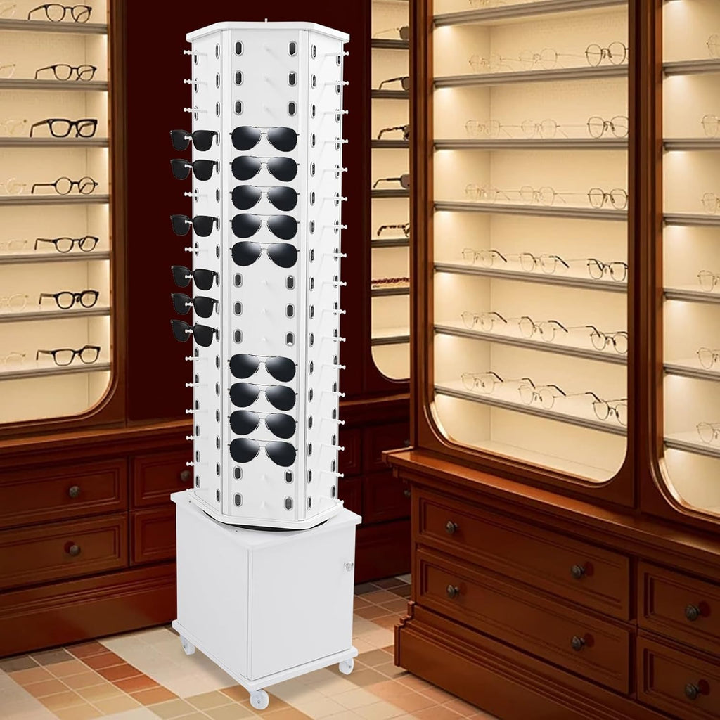Sunglasses Retail Display Rack, 6-Sided Wood Floor-standing Eyeglass Holder, 102-Pair Eyewear Holder, 360°Rotating, with Storage Cabinet & 4 Swivel Wheels for Retail Exhibition (White)