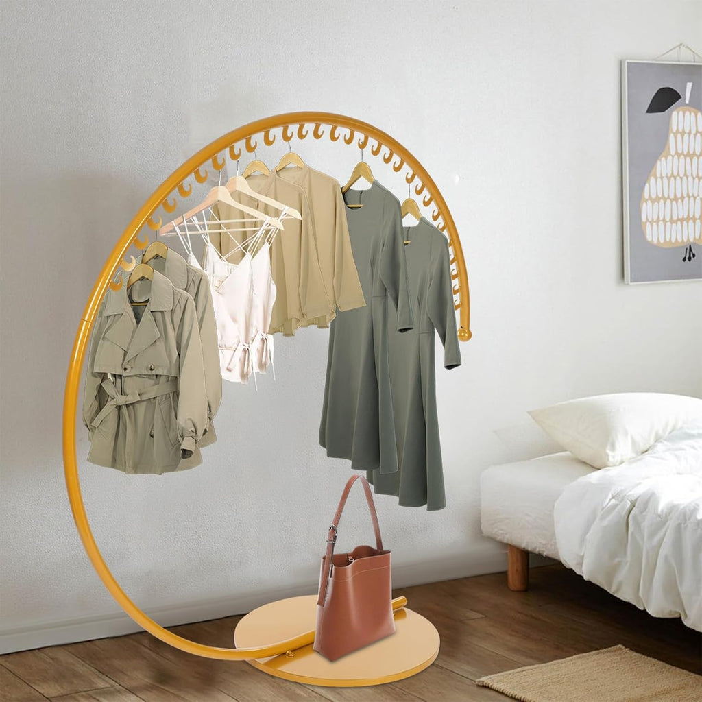 Gold C-Shaped Heavy Duty Clothing Rack, Metal Industrial Pipe Clothing Rack Freestanding Garment Rack with 30 Moon-Shaped Hooks for Boutique, Home, and Retail Display