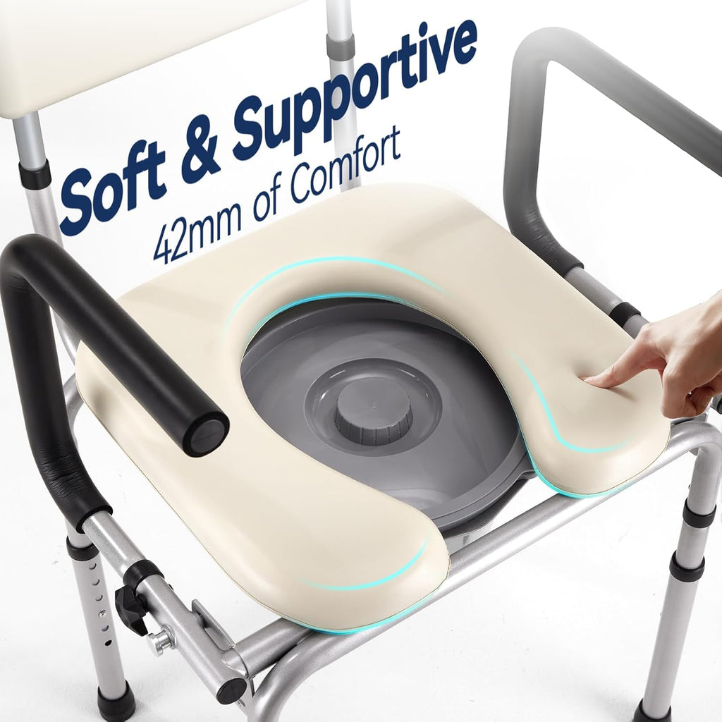 Drop Arm Bedside Commode, Commode Toilet with Padded Seat and Backrest, 400lbs Capacity, 6.3QT Removable Bucket and Splash Guard, Adjustable Height Portable Toilet for Adults, Beige