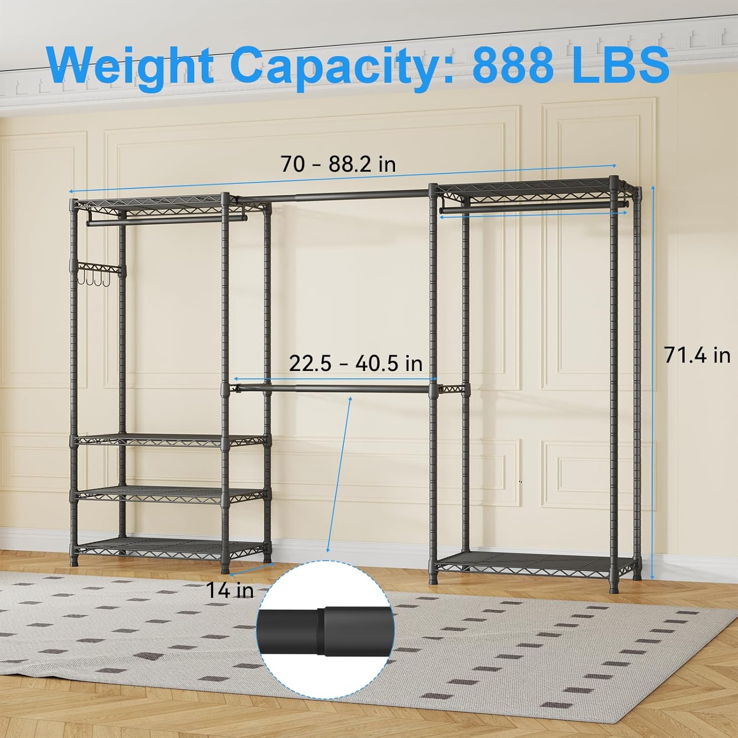 Ulif E1 Heavy Duty Closet Garment Rack, 6 Tiers Adjustable Metal Freestanding Expandable Clothing Storage with 4 Hanger Rods, Easy to Assemble Wardrobe Suit for 70 to 88.2' Space, 14'D x 71.4'H, Black