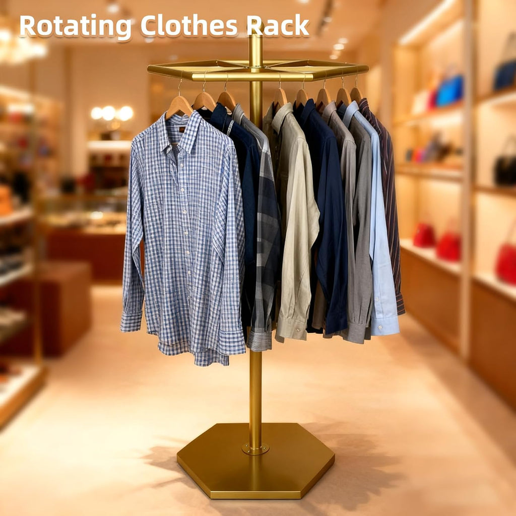 23-Inch Heavy-Duty Metal Rotating Clothes Rack, 42' x 42' Footprint, Rack Load 200lbs,Gold Round Clothing Rack with Adjustable Base Pads, Base Supports M8 Caster Wheels, For Home & Retail