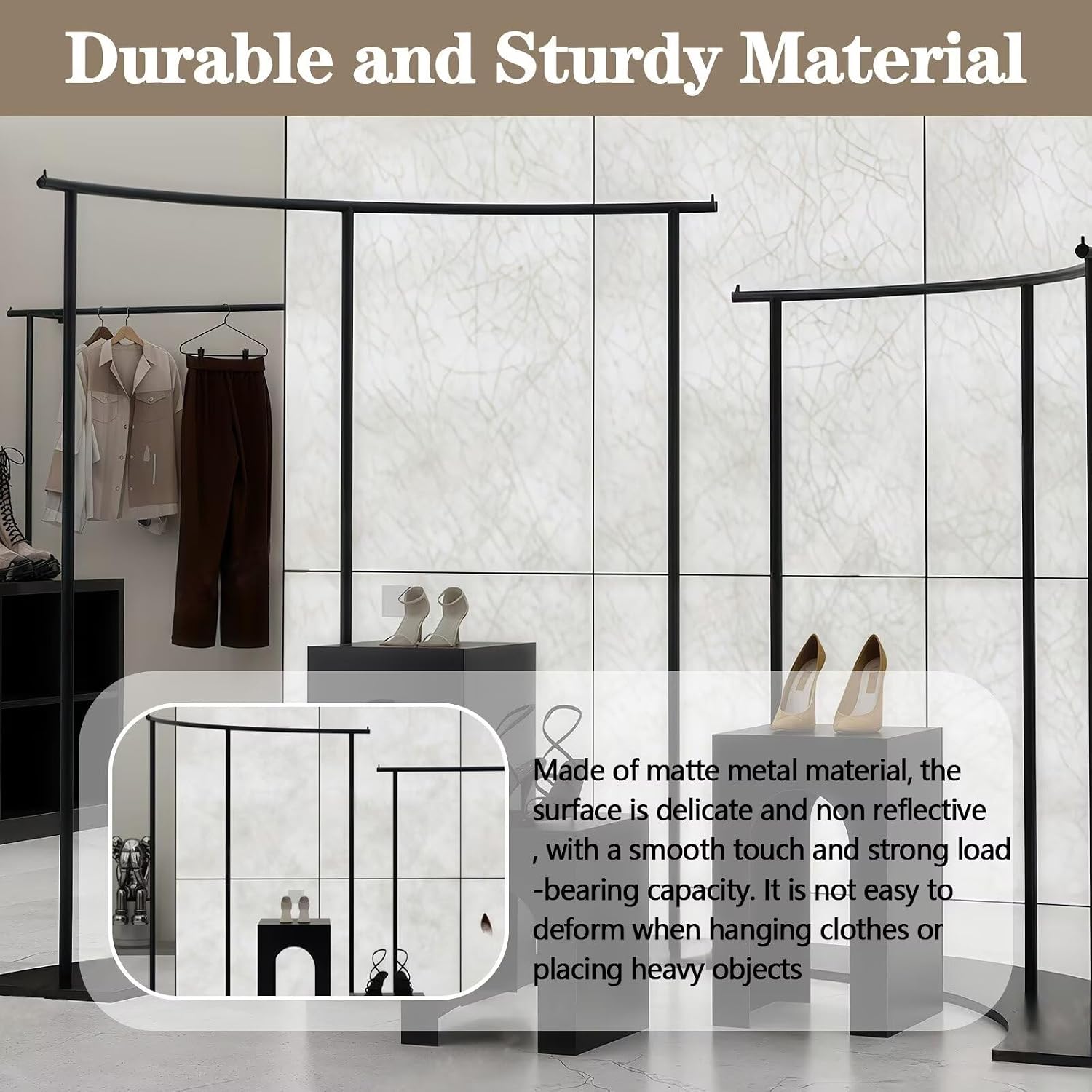 5-Piece Black Retail Clothing Rack Set - Sturdy Metal Garment Rack & Display Tables with Curved Modern Minimalist Design, for Boutique, Clothing Store