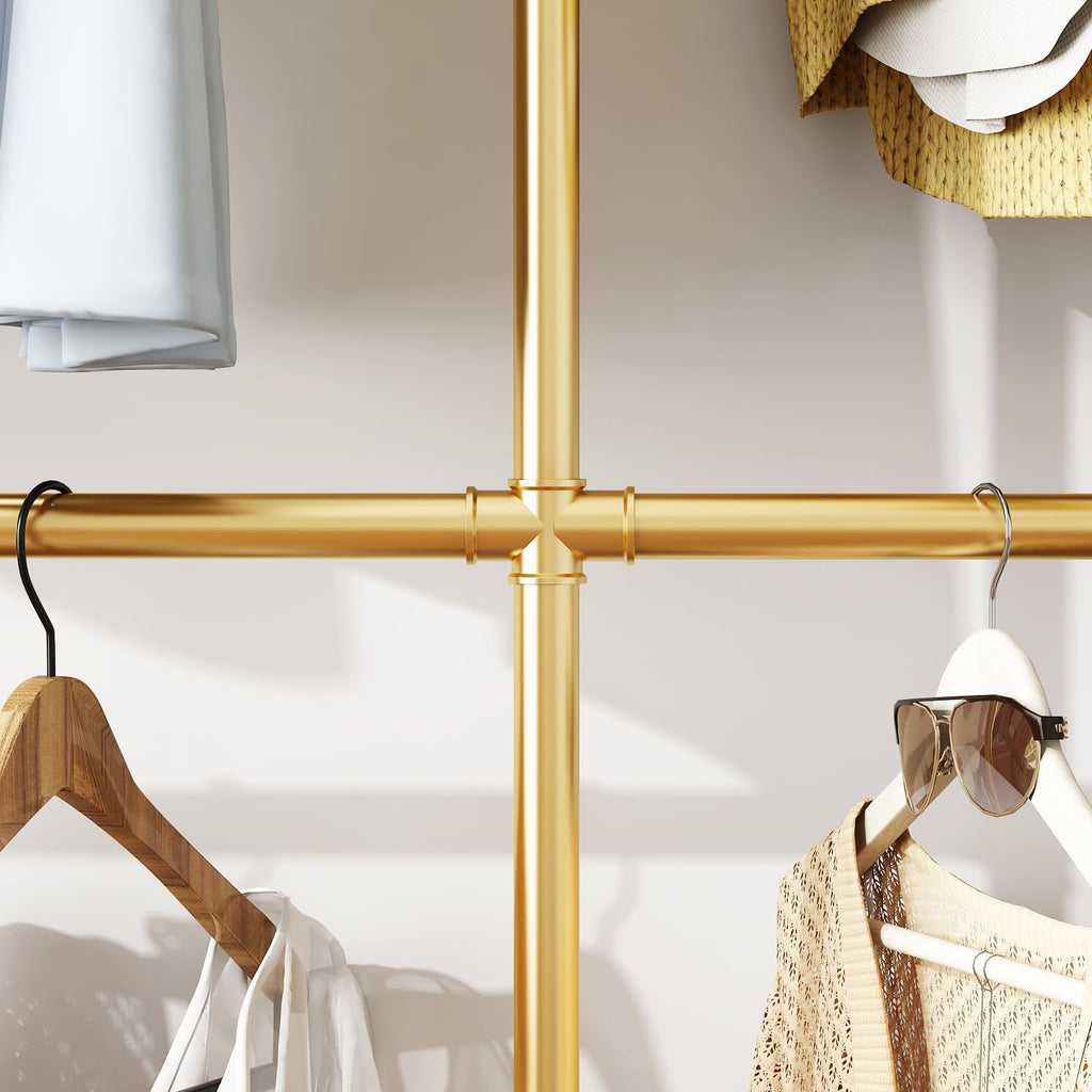 Industrial Pipe Clothing Rack, Heavy Duty Metal Clothes Rack with Double Rods for Hanging Clothes, Wall Mount Space-Saving Garment Display Rack (Three, Gold)
