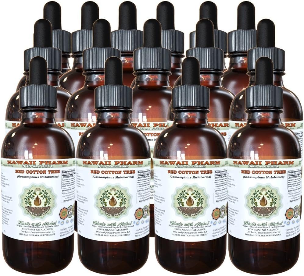 Red Cotton Tree Alcohol-Free Liquid Extract, Red Cotton Tree (Gossampinus Malabarica) Dried Flower Glycerite Natural Herbal Supplement, Hawaii Pharm, 15x4 fl.oz