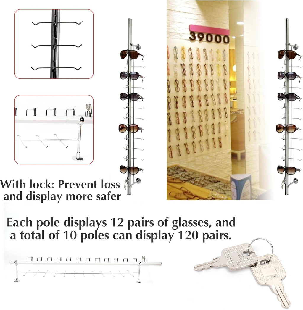 Eyewear Display Sunglass Display Stand Store Retail Display Glasses Holder Stand Sunglasses Display Stand Sunglasses Sunglasses Rack (Wall Riser Display 120 Pairs(With Lock))