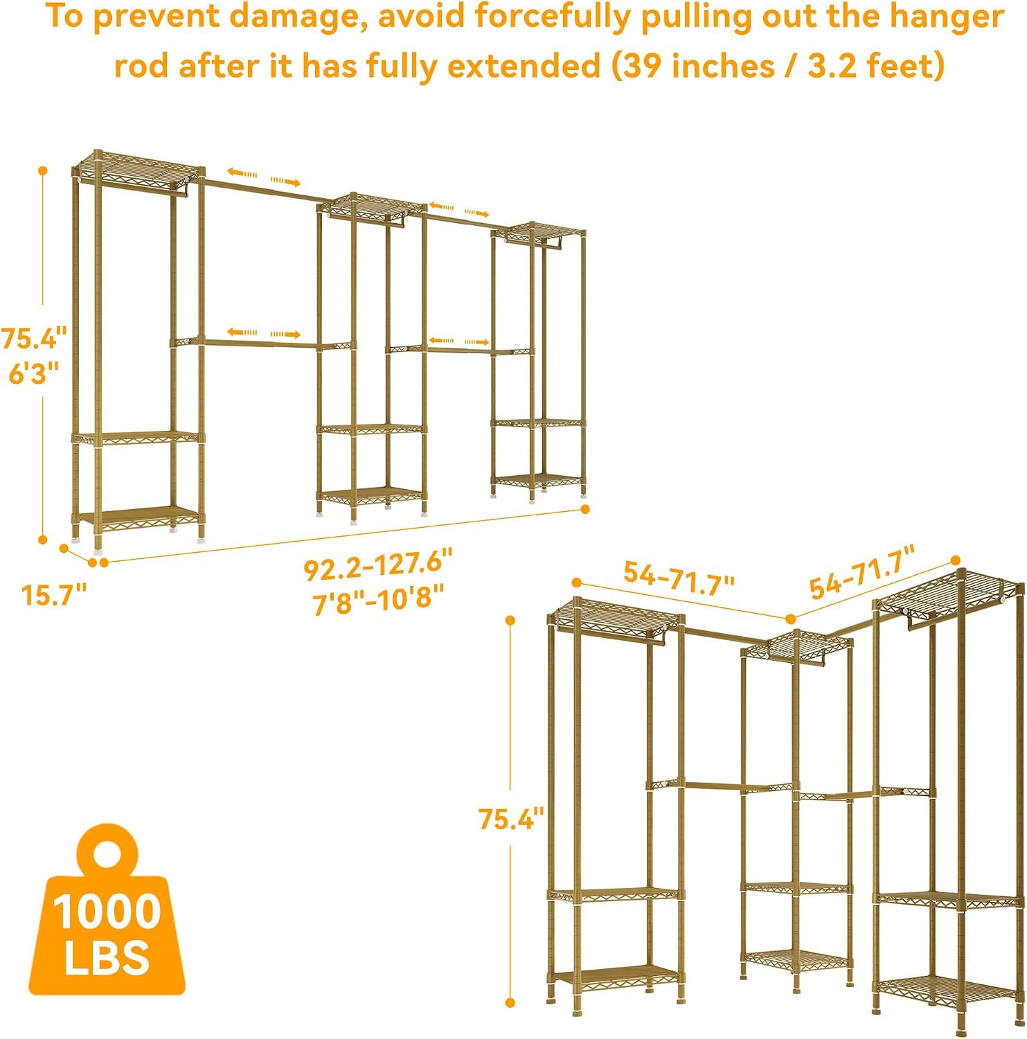 Higeego Large Clothes Rack, Clothing Rack for Hanging Clothes, Heavy Duty Garment Rack, Freestanding Wardrobe Closet with Extendable Hanger Rods, Width from 7.8 to 10.8 ft, H11 Gold