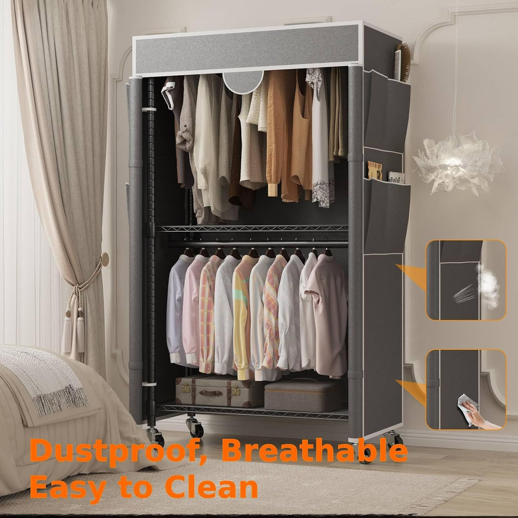 Homdox Garment Rack with Cover, Heavy Duty Clothing Rack for Hanging Clothes, Portable Closet Wardrobe, Double Rods Garment Rack with wheels, 35.1' W x 17.4' D x 80.6' H, Gray