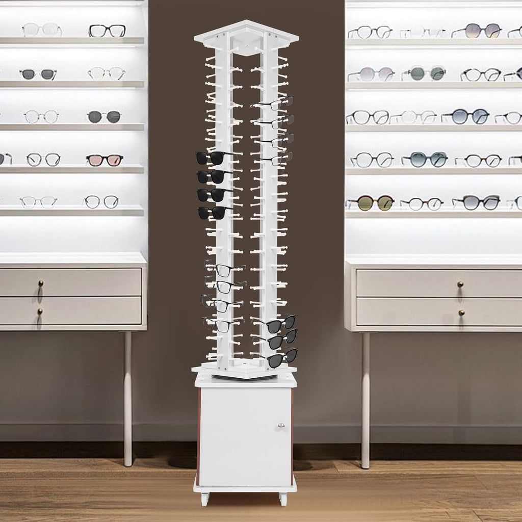 Rotating Glasse Display Stand,72 Pairs Floor-Standing Sunglasses Display Rack w/4 Swivel Wheels,Rotating Eyewear Holder Sunglasses Organizer (White)