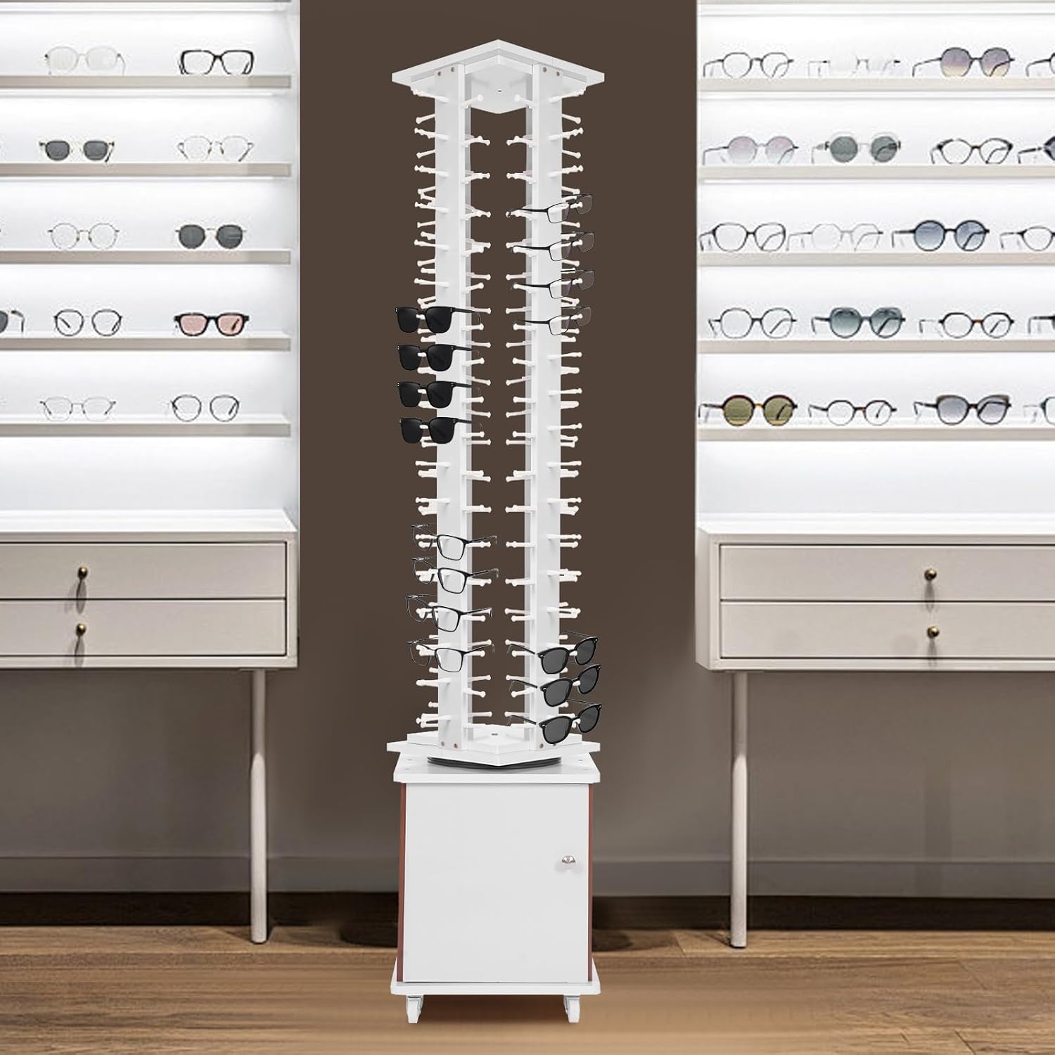 Rotating Glasse Display Stand,72 Pairs Floor-Standing Sunglasses Display Rack w/4 Swivel Wheels,Rotating Eyewear Holder Sunglasses Organizer (White)