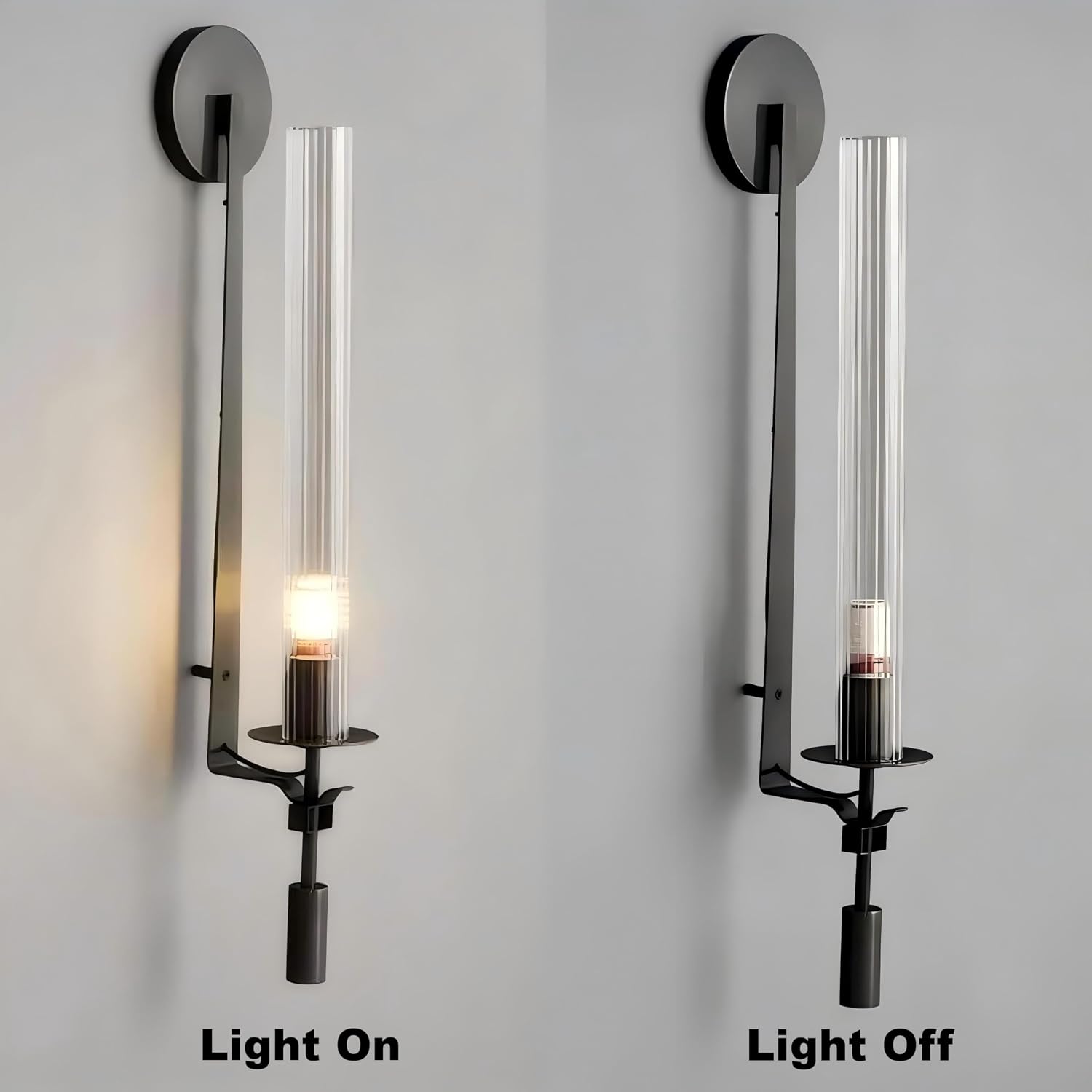 LIGHTLAND Black Wall Sconces Set of 2, 28 Inch Modern Metal Glass Wall Light Fixture, Wall Lamp for Living Room Bedroom Hallway