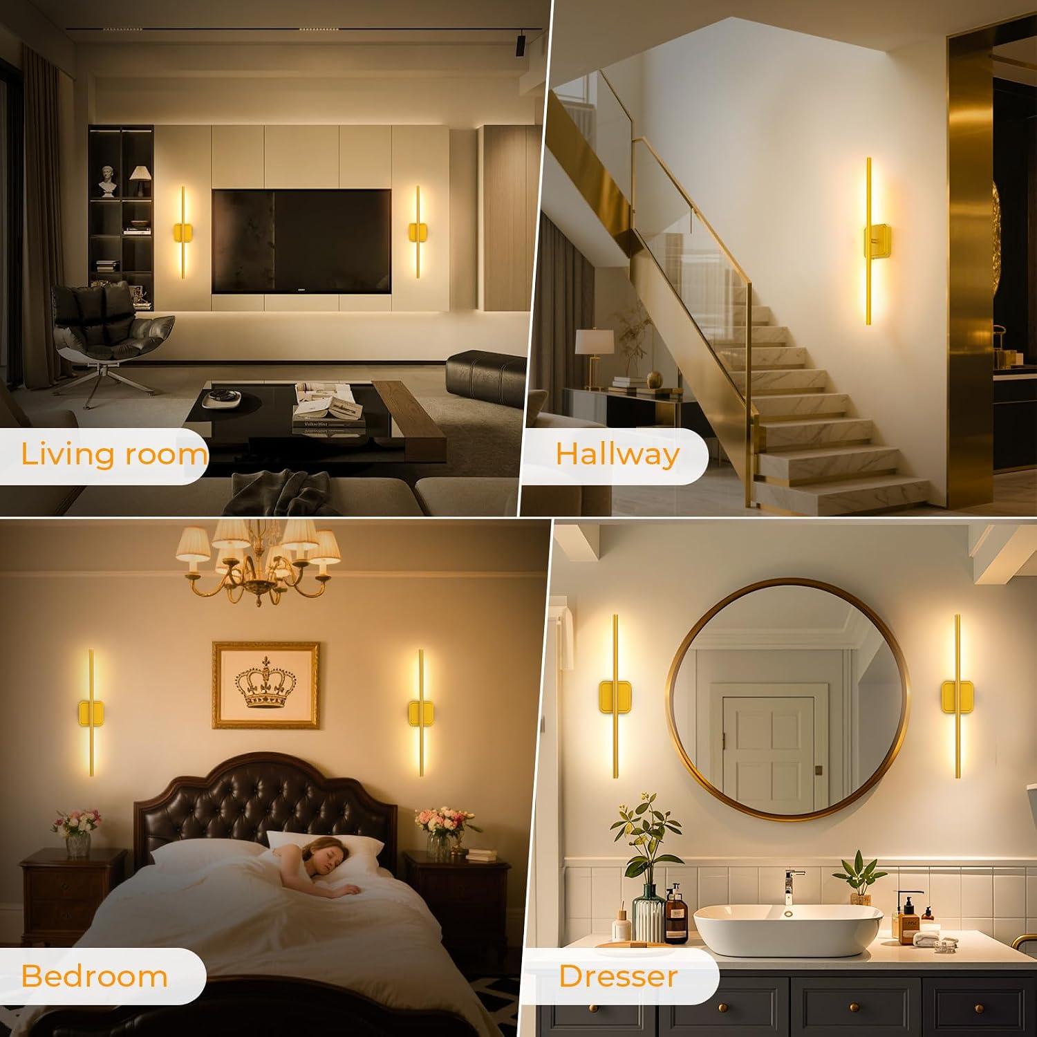 GvvooHome Battery Operated Wall Sconce Detachable 360°Rotate, Wireless Wall Lamp 3000-6500K Dimmable, 10000mAh Rechargeable Wall Light for Bedroom, Living Room，28.3' Black Gold 4 Pack