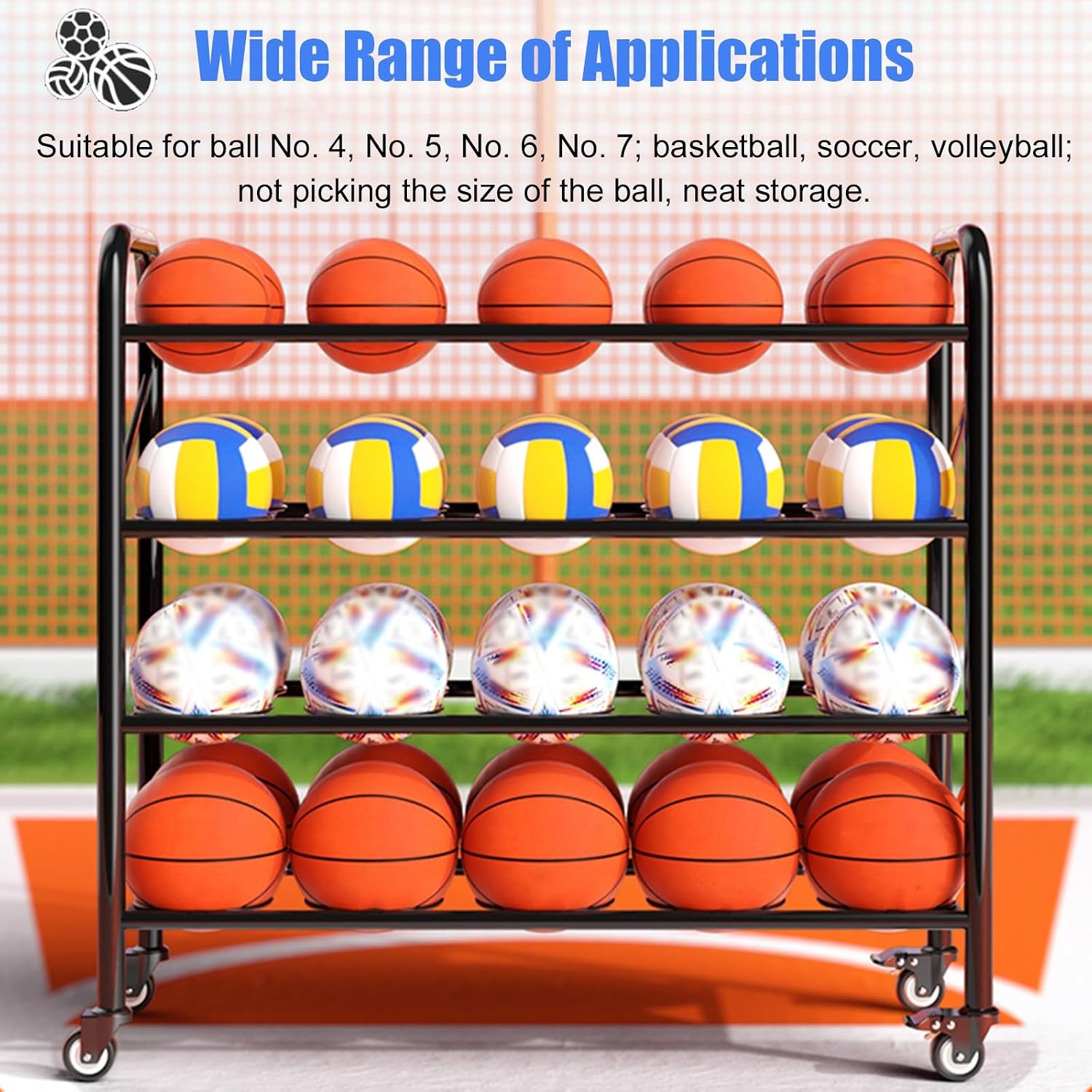 5-Layers Commercial Basketball Racks on Lockable Wheels, Metal Volleyball Display Stand with Round Storage Bracket, Schools/Kindergartens/Soccer Clubs/Space Sav,White