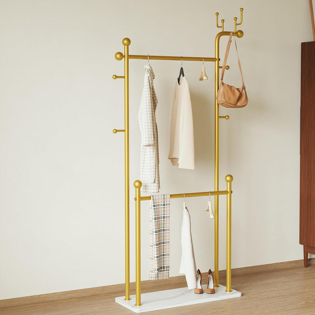 Gold clothing rack marble base,Heavy Duty Clothes Rack for Hanging Clothes,Double Rail Garment Rack with Hooks for Home Retail Boutique (gold)
