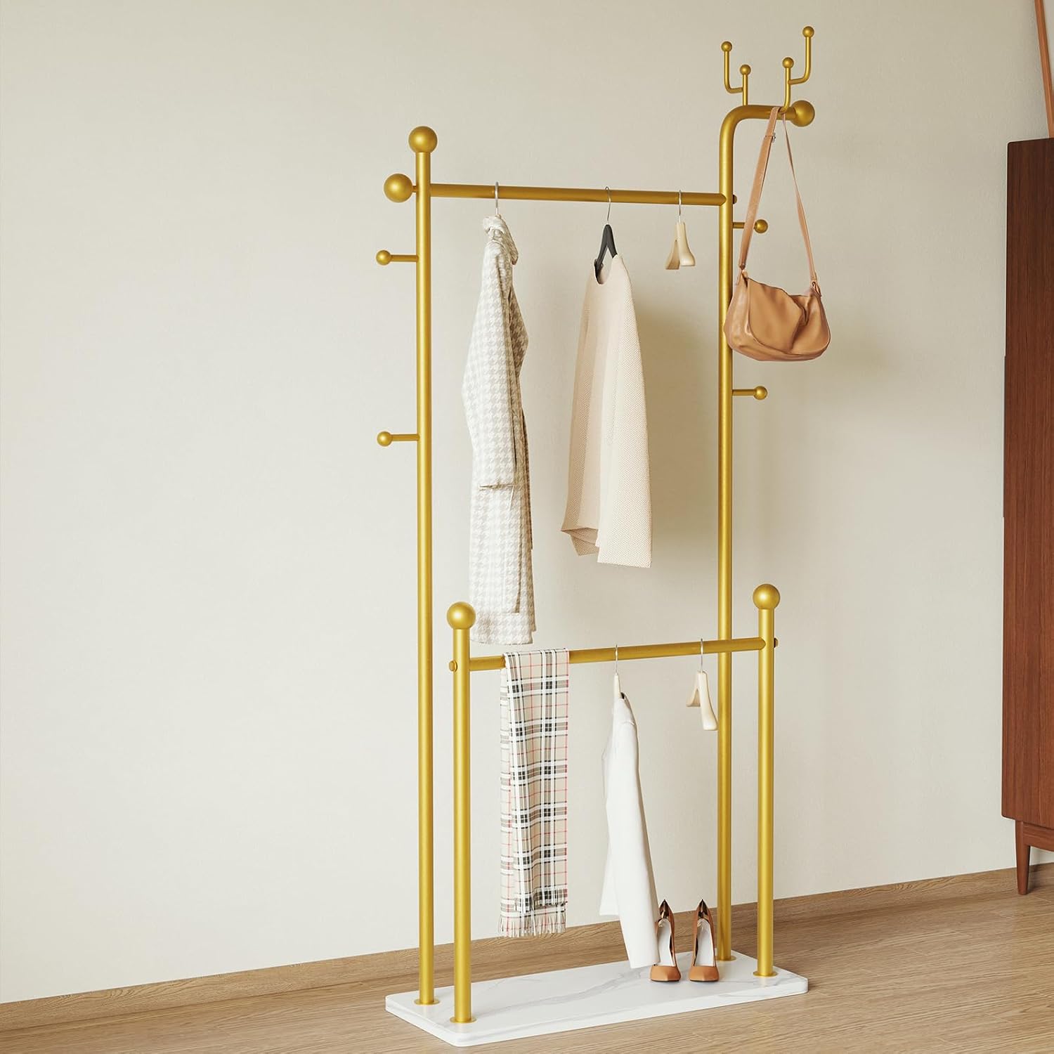 Gold clothing rack marble base,Heavy Duty Clothes Rack for Hanging Clothes,Double Rail Garment Rack with Hooks for Home Retail Boutique (gold)