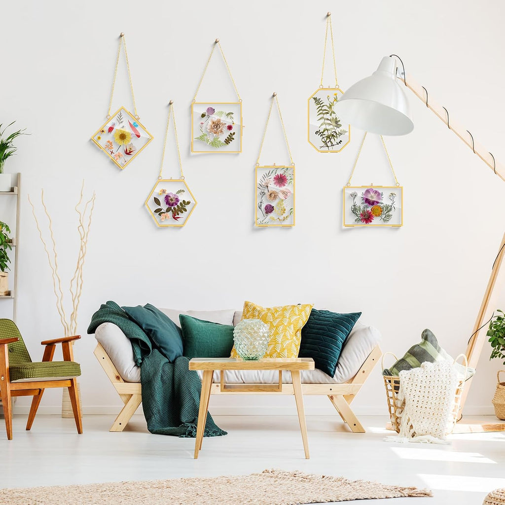 Soaoo 24 Pcs Brass Glass Frame for Pressed Flowers with Chain Clear Double Glass Floating Artwork Display Frame for Wall Decor with Dried Plant Leaf, 6 Shapes (Gold)