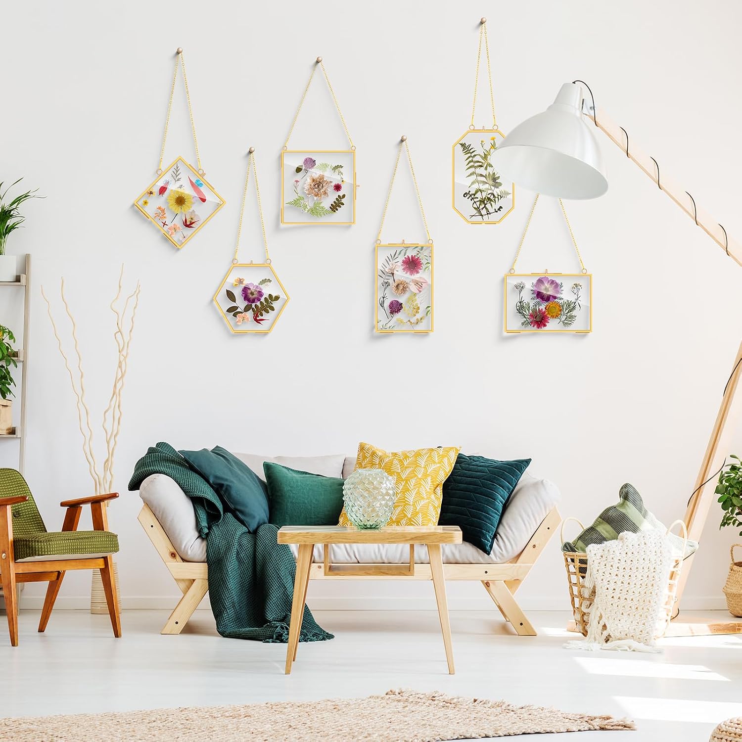 Soaoo 24 Pcs Brass Glass Frame for Pressed Flowers with Chain Clear Double Glass Floating Artwork Display Frame for Wall Decor with Dried Plant Leaf, 6 Shapes (Gold)