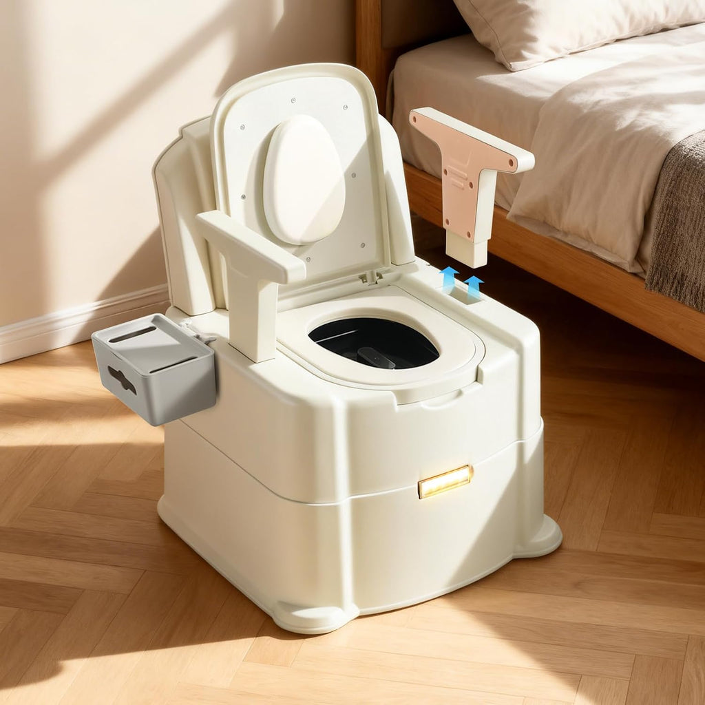 500 Lbs Heavy Duty Bedside Commode, 3-in-1 Portable Potty Chair for Elderly & Adults, Night Toilet with Motion Light, PU Padded Sofa Chair, 2 Heights, Buckets & Tissue Box