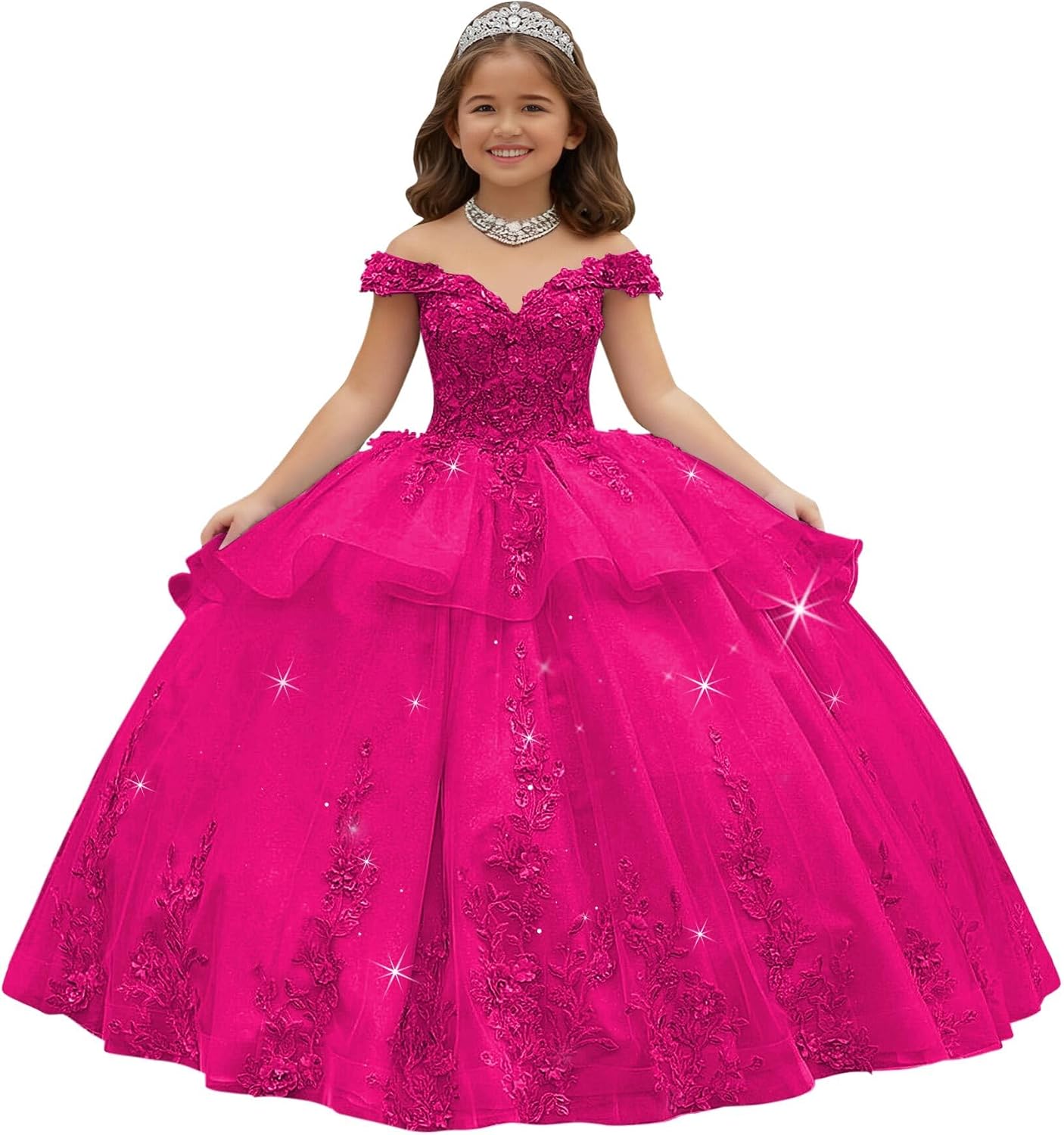 Crystal Lace Applique Flower Girl Dress Layered 3D Floral First Communion Dresses Off Shoulder Girls Pageant Dresses