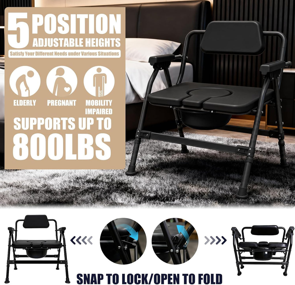 Heavy-Duty Large Bone Bedside Commode, 800lbs Weight Capacity & Extra-Wide Padded Seat, Adjustable Height Folding Toilet Chair for Seniors,Disabled, Patient Home Care(Black)
