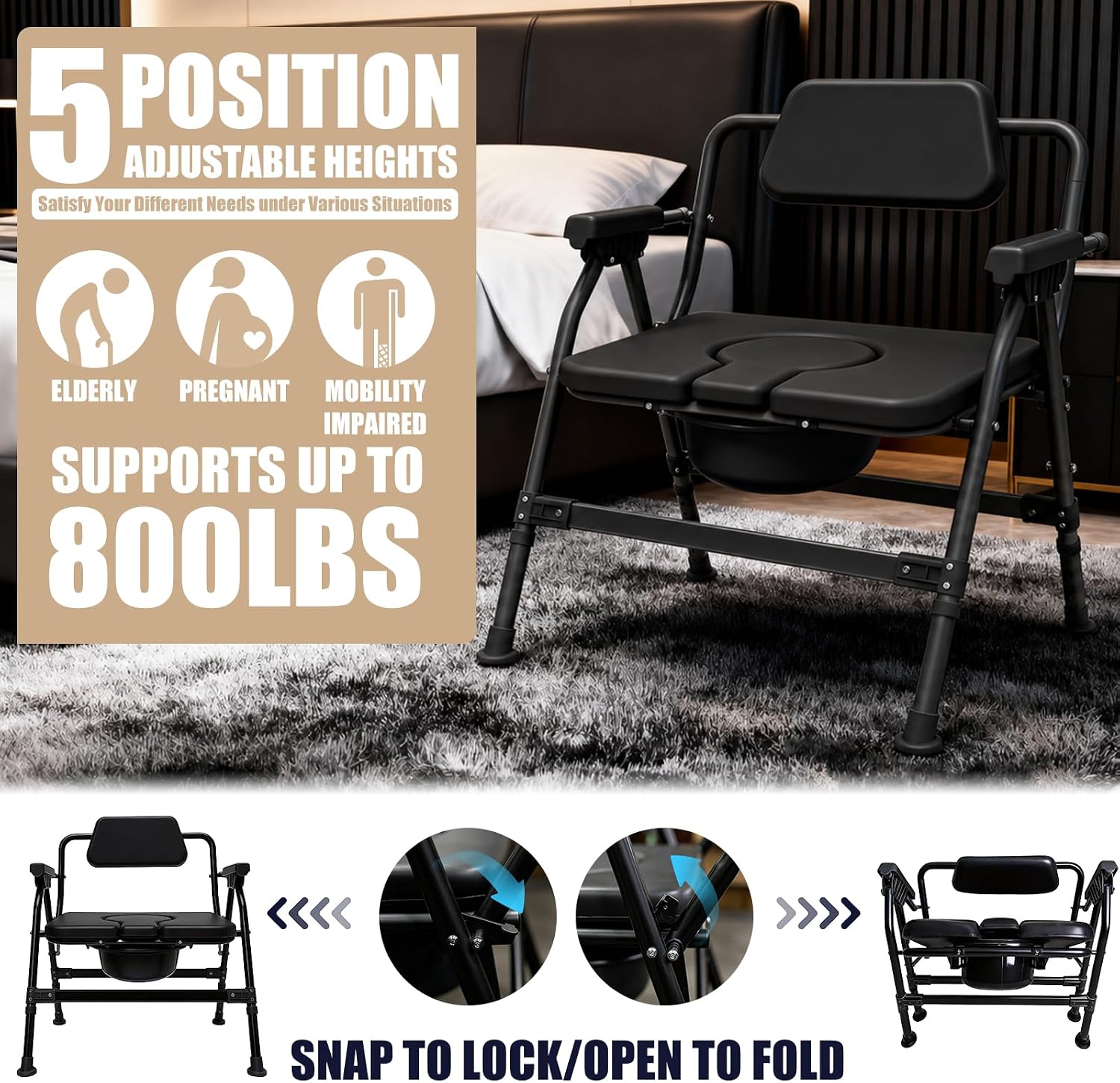Heavy-Duty Large Bone Bedside Commode, 800lbs Weight Capacity & Extra-Wide Padded Seat, Adjustable Height Folding Toilet Chair for Seniors,Disabled, Patient Home Care(Black)