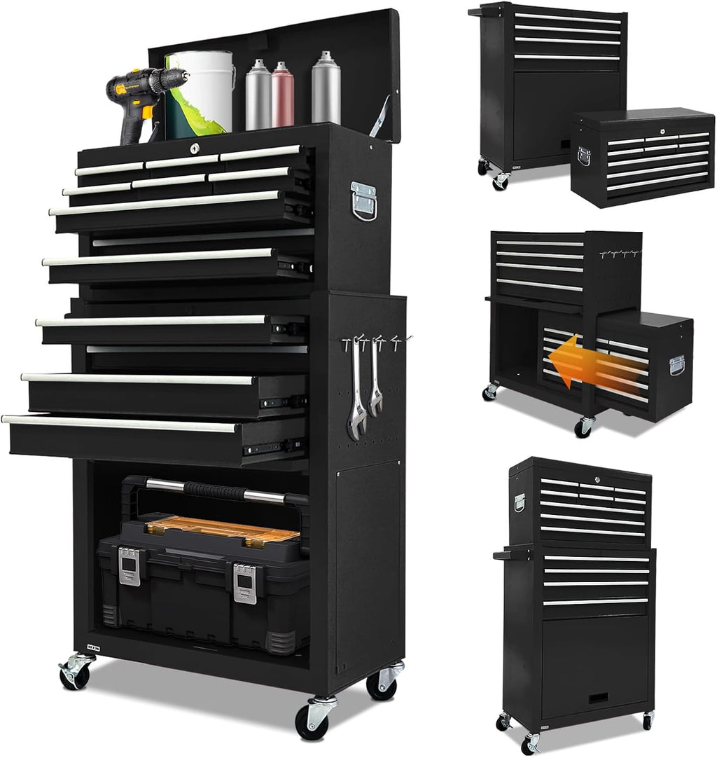 13-Drawer Tool Chest with Toolbox and wheels, Large Detachable Tool box with Sliding Drawers, Mechanic Storage Cabinets, Metal Tool Cart for Garage Workshop (BLACK)