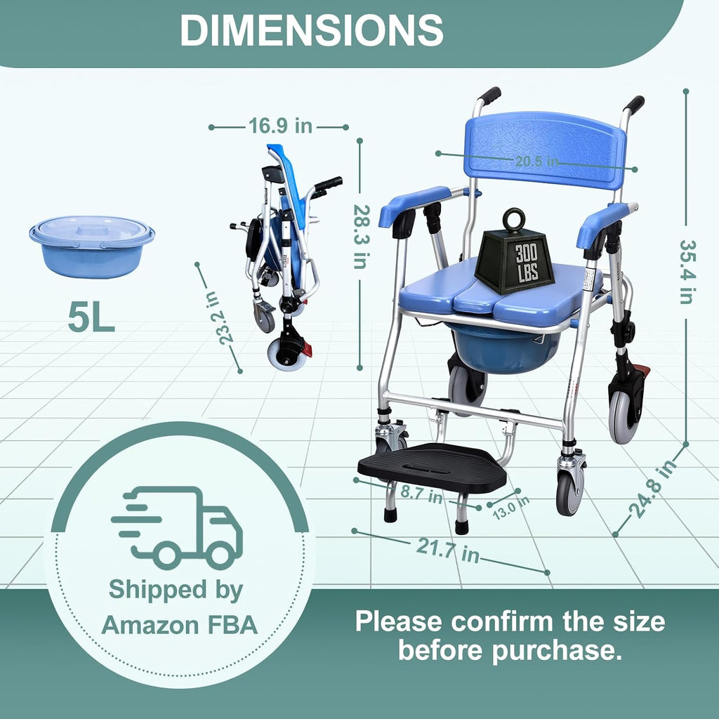 Bedside Commode with Wheels - Anti-Sponge Padded Seat, Foldable Mobile Toilet Shower Stool with 300 LBS Weight Capacity, Portable Toilet with Bucket for Elderly and Disabled