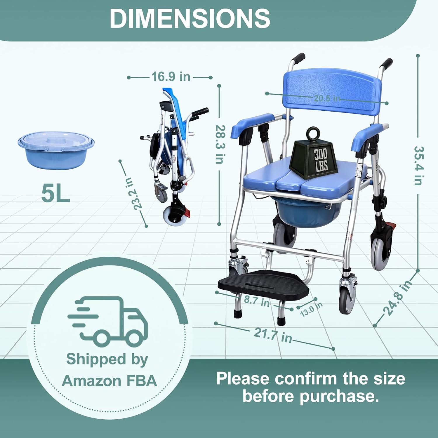 Bedside Commode with Wheels - Anti-Sponge Padded Seat, Foldable Mobile Toilet Shower Stool with 300 LBS Weight Capacity, Portable Toilet with Bucket for Elderly and Disabled