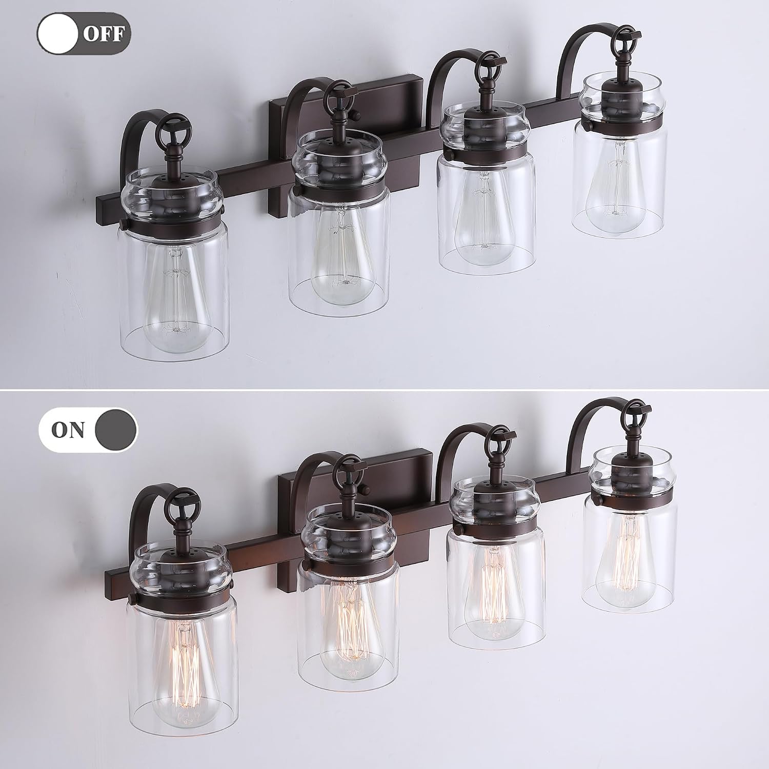 4 Light Bathroom Vanity Light, Oil Rubbed Bronze Bathroom Light Fixtures Over Mirror, Farmhouse Vanity Light with Clear Glass Shade