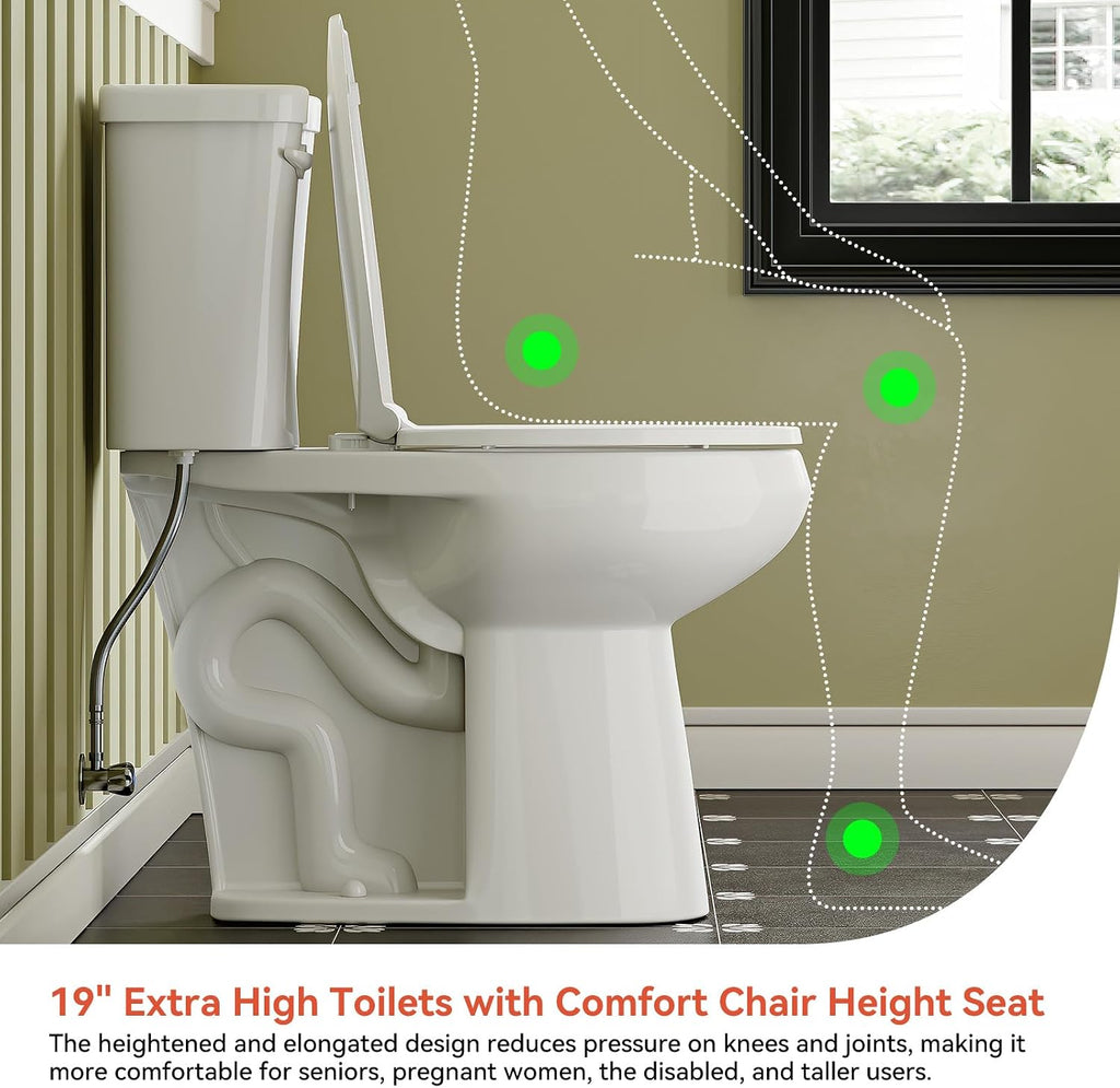 HOROW 19 Inch Tall Toilets, Extra High Toilets with Comfort Chair Height Seat, MAP 1000g, 1.28 GPF Single Flush Two-Piece Toilet, Elongated Bowl for Seniors, Pregnant, Disabled & Tall Person, White