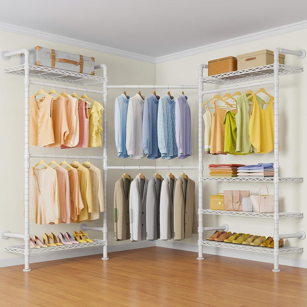 Timate L3 L Shape Garment Rack Heavy Duty Clothes Rack for Hanging Clothes, Expandable Industrial Pipe Wall Mounted Clothing Rack, Adjustable Corner Closet Wardrobe Closet Kit Closet Systems, White