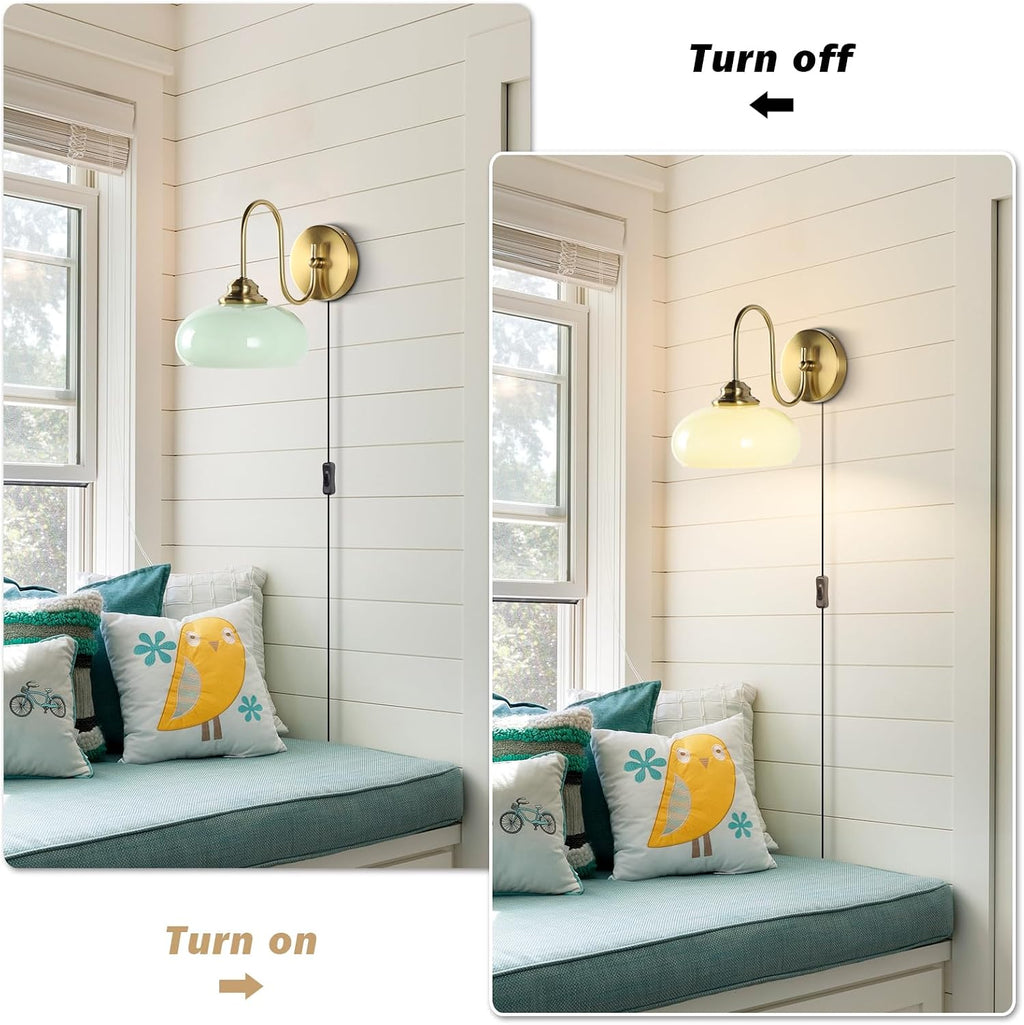 KCO Lighting Vintage Green Glass Wall Sconce Plug in Vintage Brushed Gold Wall Sconce Set of Two Mid Century Modern Bathroom Wall Light