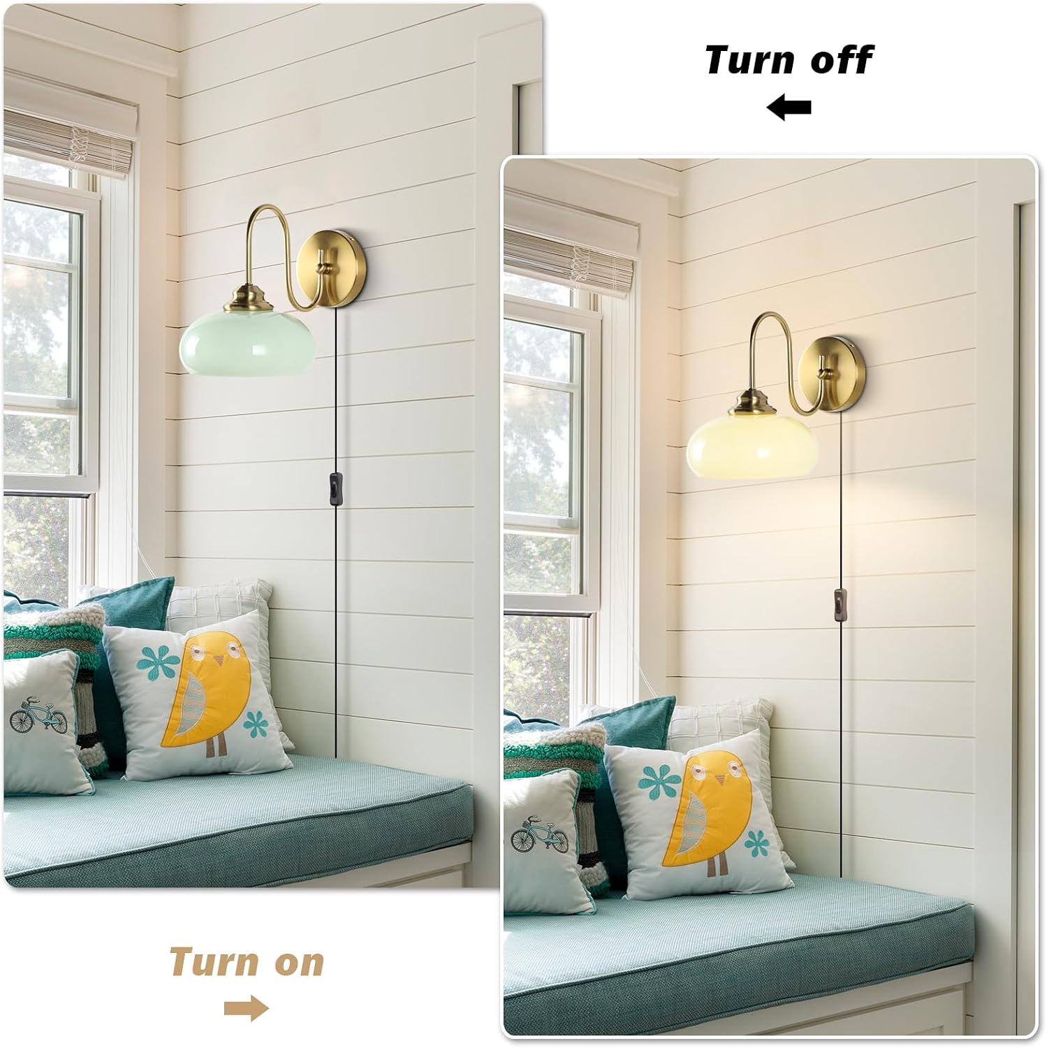 KCO Lighting Vintage Green Glass Wall Sconce Plug in Vintage Brushed Gold Wall Sconce Set of Two Mid Century Modern Bathroom Wall Light
