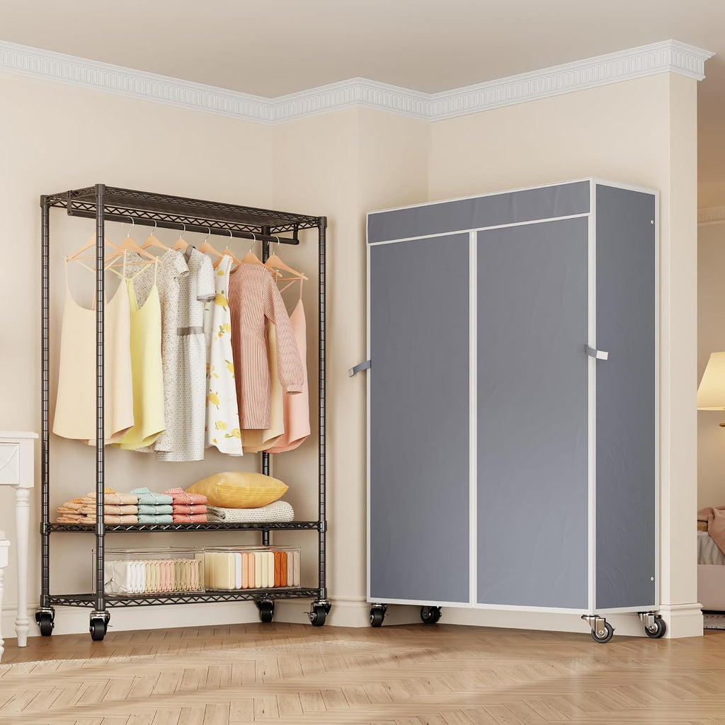 Higeego H4 Plus Rolling Clothes Rack with Cover, Heavy Duty Garment Rack, Wardrobe Closet with Wheels, Portable Closets for Hanging Clothes, Closet Organizer Storage, Black Rack with Grey Cover