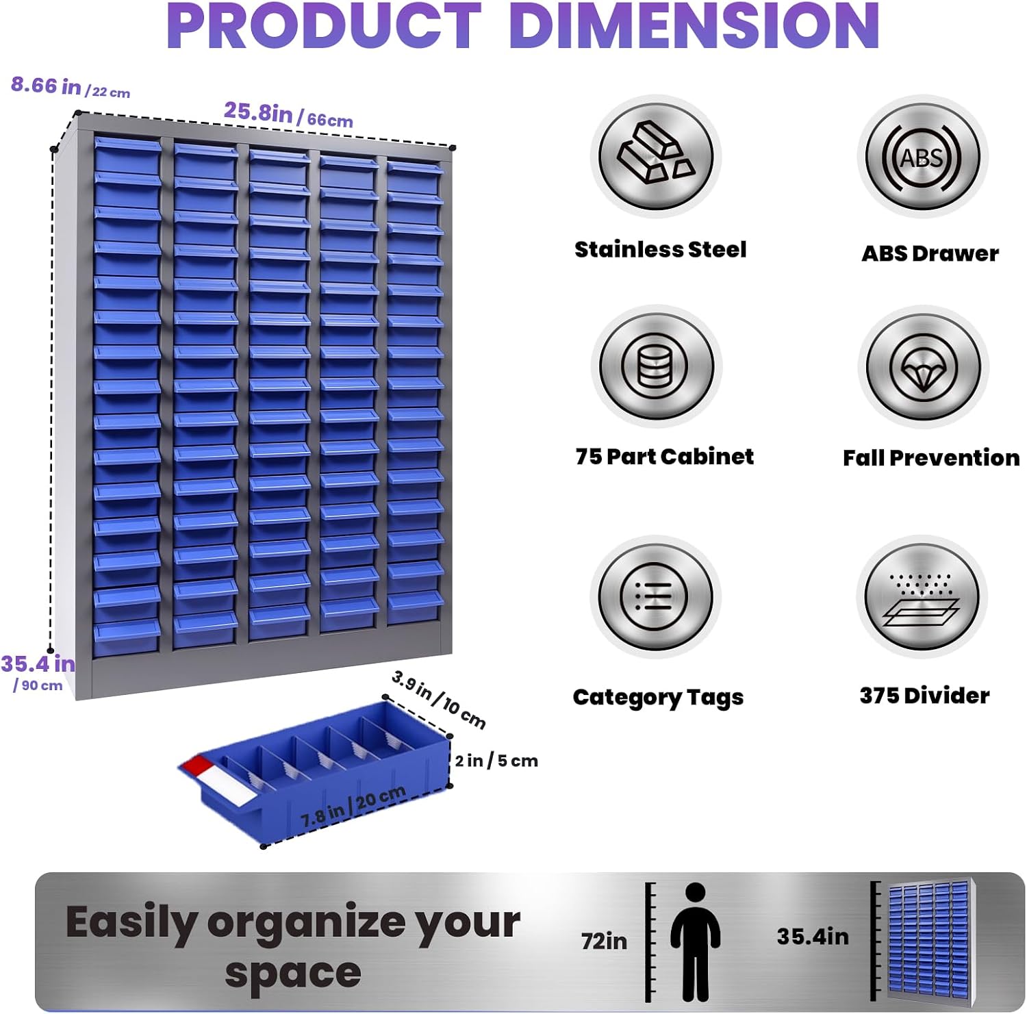 75 Drawer Workshop Parts Storage Cabinet with Drawer Organizers - Tool Box Organizer for Garage Shelving & Workspace Organization Single Drawer 7.8×3.9×2 Inches