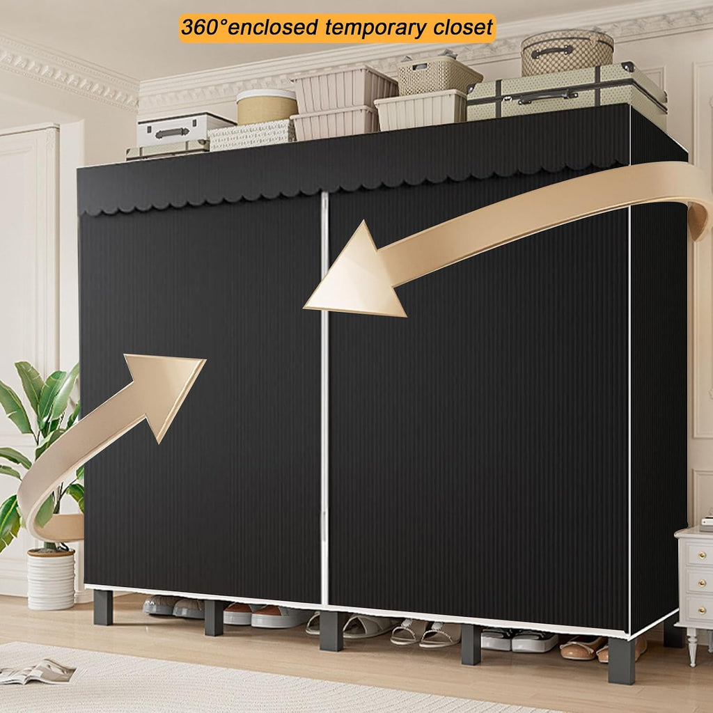 Foldable Portable Closet Wardrobe on Wheel Heavy Duty Metal Clothing Rack with Cover Freestanding Armoire Storage System Rolling Garment Racks for Hanging Clothes (D,Black Cover, 125cm/49.2in)