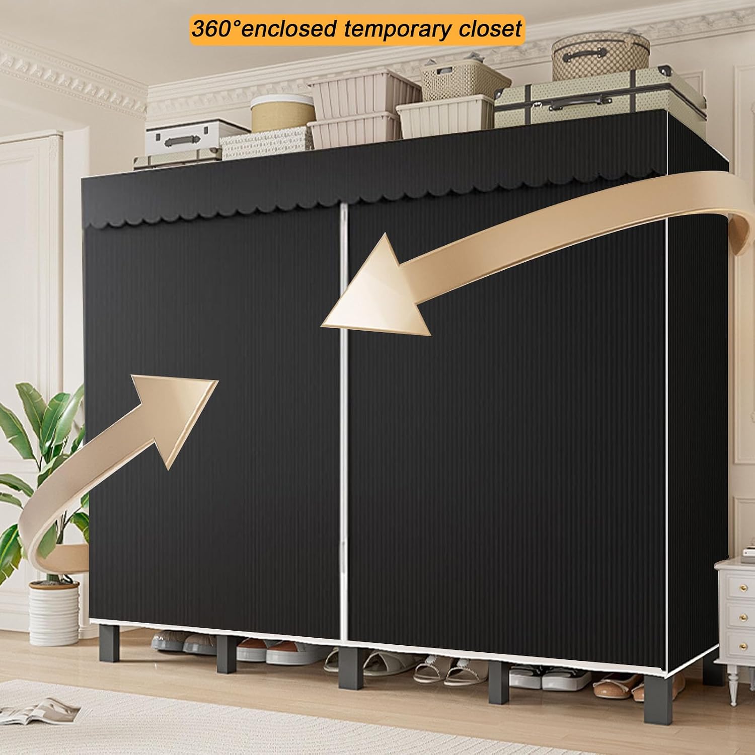 Foldable Portable Closet Wardrobe on Wheel Heavy Duty Metal Clothing Rack with Cover Freestanding Armoire Storage System Rolling Garment Racks for Hanging Clothes (D,Black Cover, 125cm/49.2in)