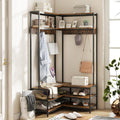Giantex Corner Coat Rack with Shoe Bench, L-Shaped Garment Rack with 5 Shelves & 7 Hooks, Heavy Duty Freestanding Clothes Rack Entryway Bench with Shoes Organizer for Hallway (Rustic Brown & Black)