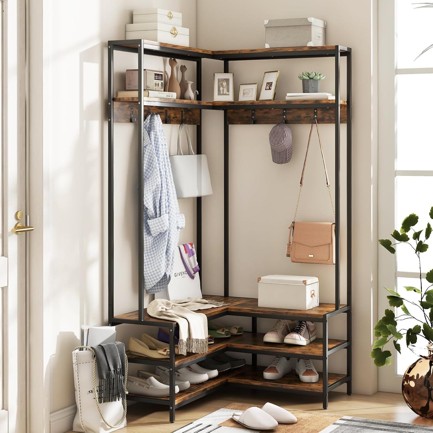 Giantex Corner Coat Rack with Shoe Bench, L-Shaped Garment Rack with 5 Shelves & 7 Hooks, Heavy Duty Freestanding Clothes Rack Entryway Bench with Shoes Organizer for Hallway (Rustic Brown & Black)