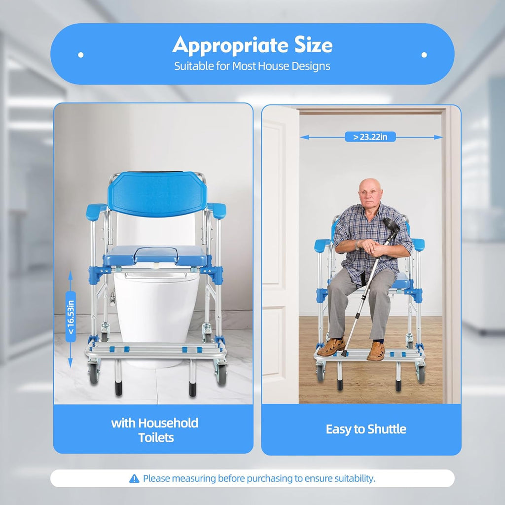 Bedside Commodes Chair with Wheels for Seniors Portable Shower Chair 330 Lb Capacity- Heavy Duty Raised Toilet Seat with Anti-Rollover Foot Pedal Armrests and Bucket, Blue