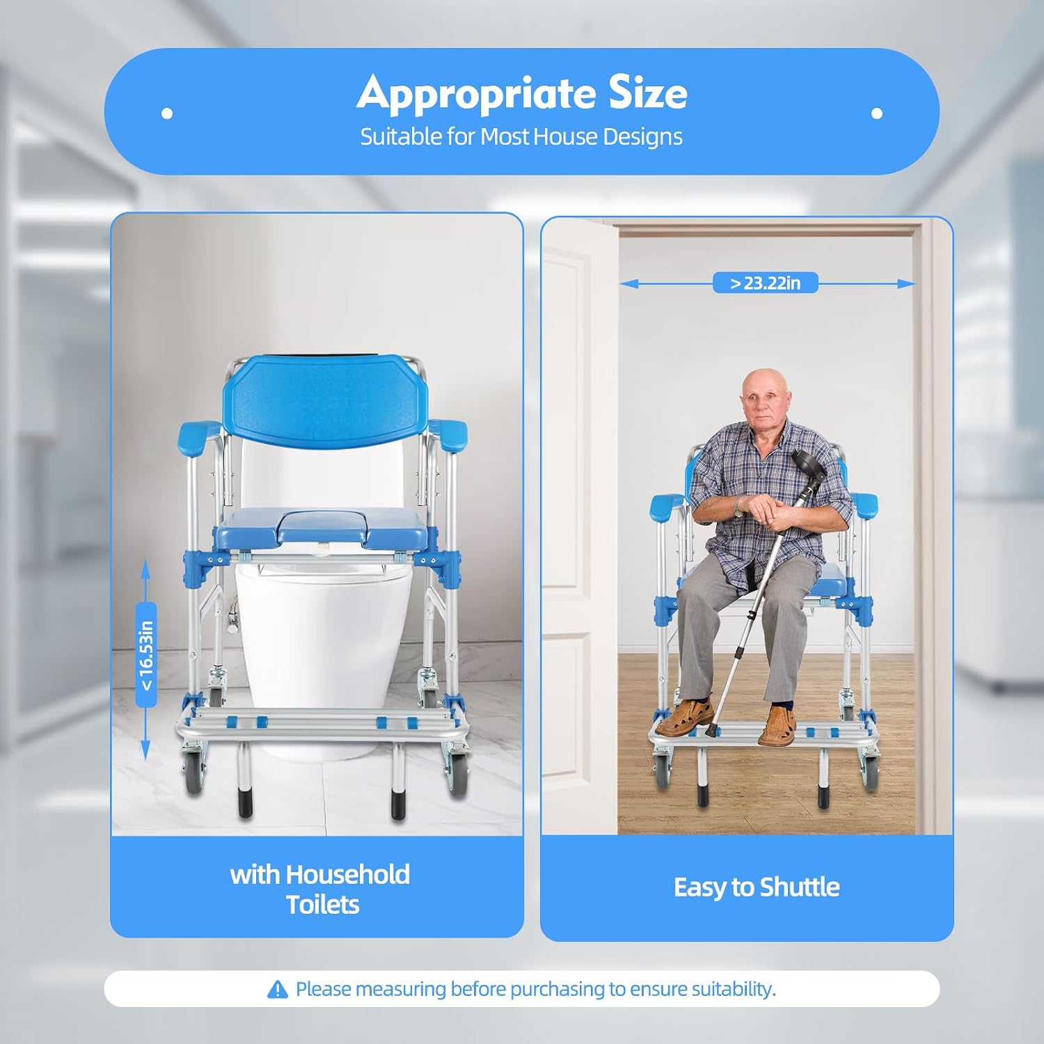 Bedside Commodes Chair with Wheels for Seniors Portable Shower Chair 330 Lb Capacity- Heavy Duty Raised Toilet Seat with Anti-Rollover Foot Pedal Armrests and Bucket, Blue