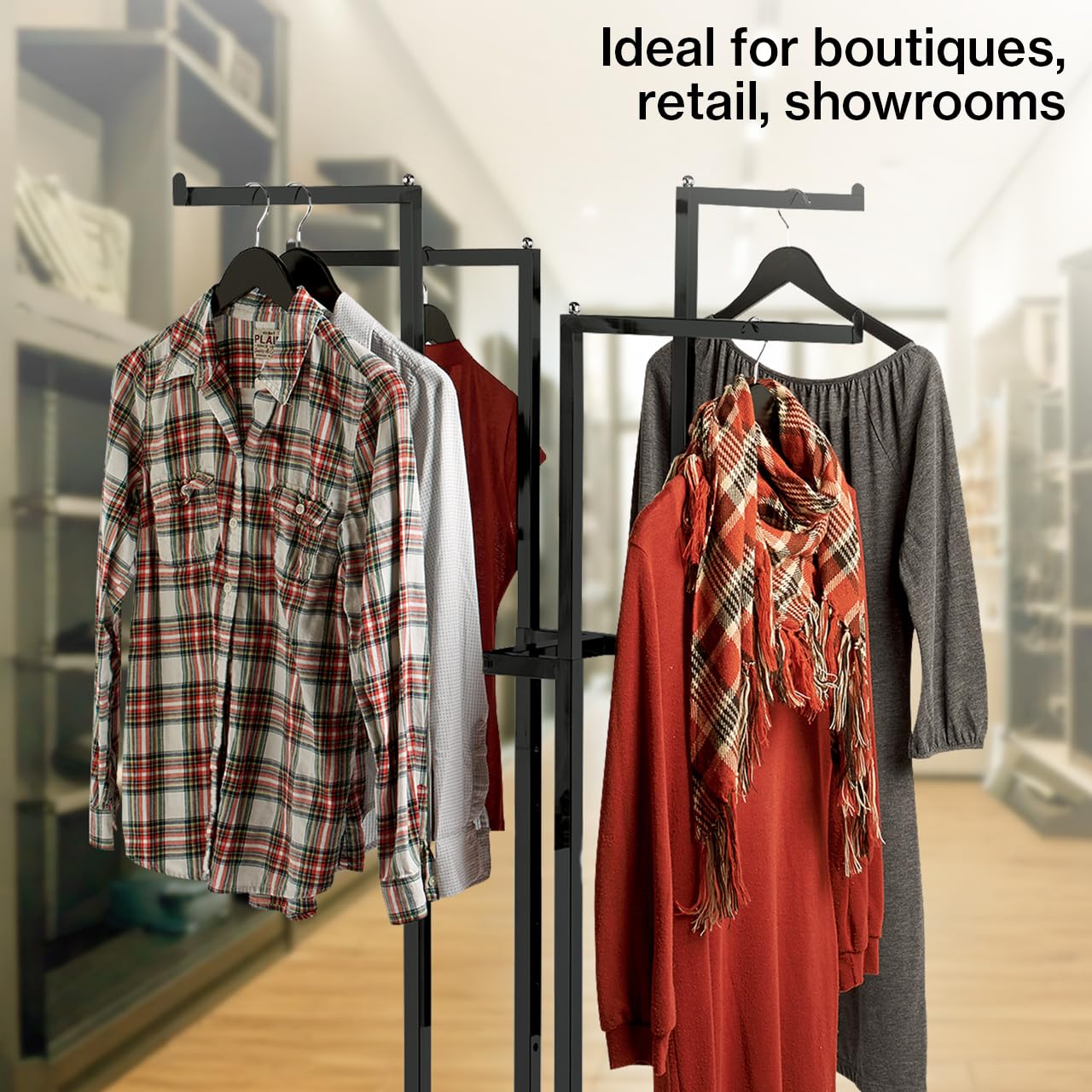 SSWBasics 4 Way Clothing Display Rack with Straight Arms (Black)