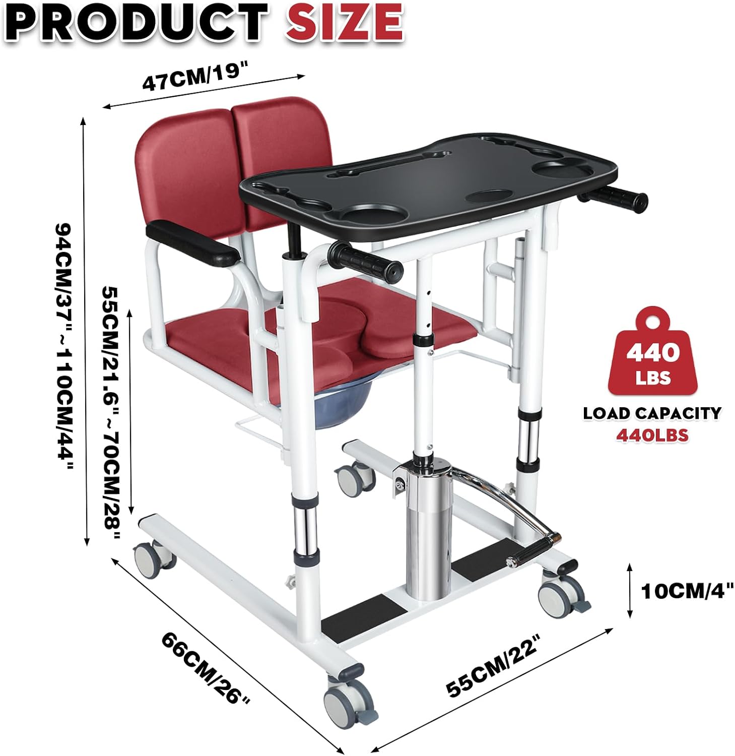 Patient Lift Transfer Chair - Heavy Duty Shower Commode Chair with Toilet Safety Frame (Dual A - Red)