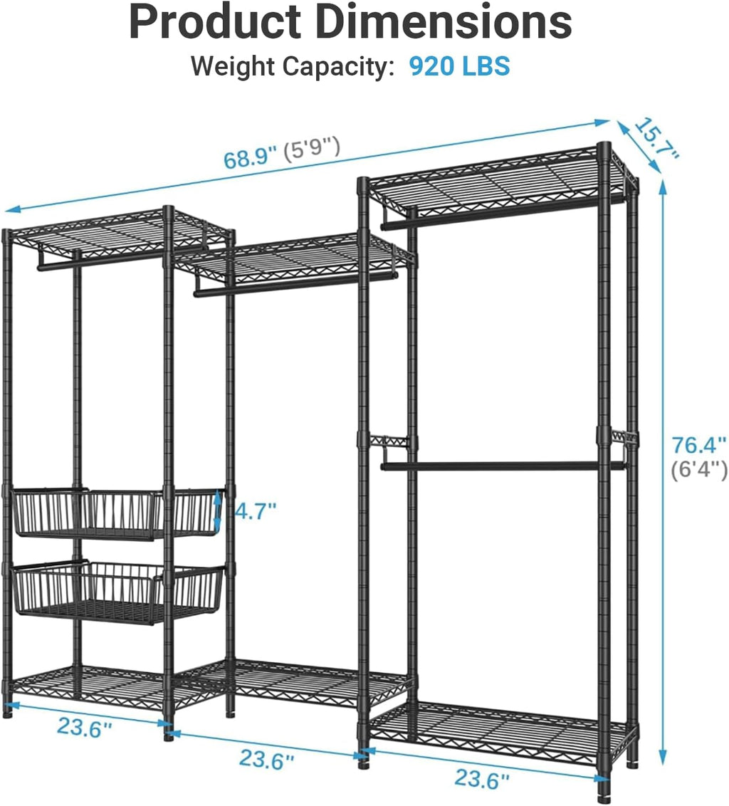 VIPEK V10 Garment Rack Large Size Heavy Duty Clothes Rack with Hanging Rods, Adjustable Shelves & 2 Slid Storage Baskets, Wire Clothing Rack 68.9' W x 15.7' D x 76.4' H, Max Load 920 LBS, Black