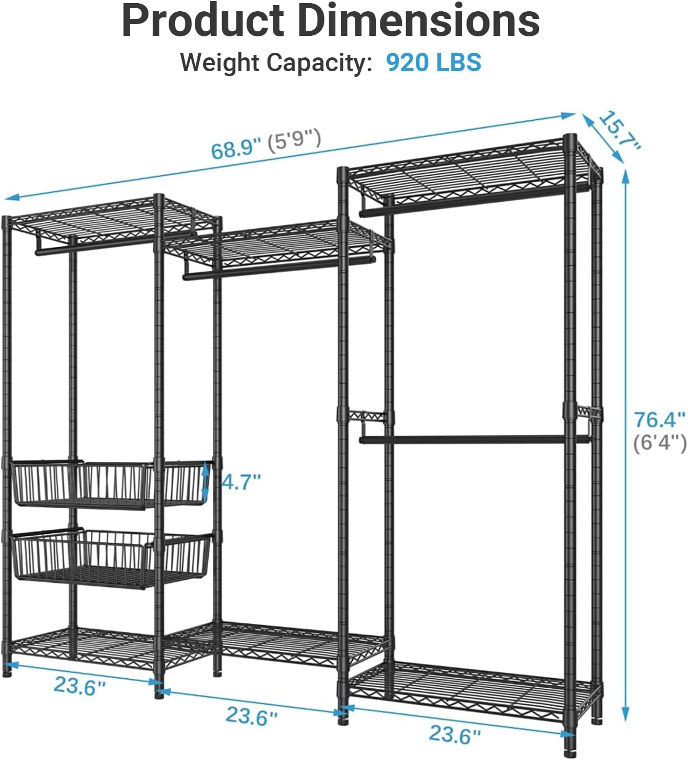 VIPEK V10 Garment Rack Large Size Heavy Duty Clothes Rack with Hanging Rods, Adjustable Shelves & 2 Slid Storage Baskets, Wire Clothing Rack 68.9' W x 15.7' D x 76.4' H, Max Load 920 LBS, Black