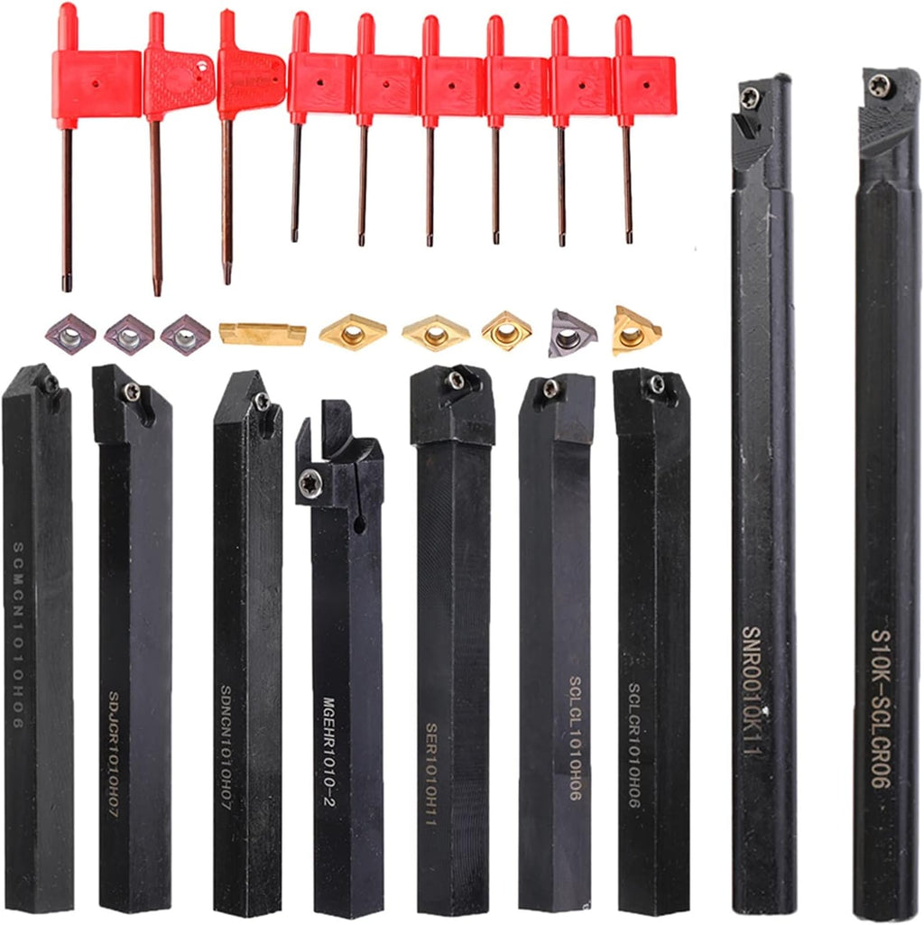 YFCDZVBH 9pcs 10mm Shank Lathe Boring Bar Turning Tool Holder Set, with Carbide Inserts Lathe Wood CNC Machine Tools
