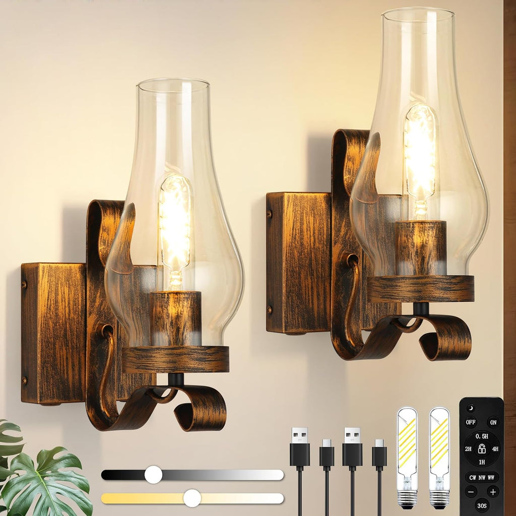 Battery Operated Wall Sconce, Rechargeable Rustic Wall Lights, Non-Hardwired Antique Kerosene Wall Lamps, Gold Vintage Bedside Wall Sconces with Remote Control for, Bedroom, Hallway etc